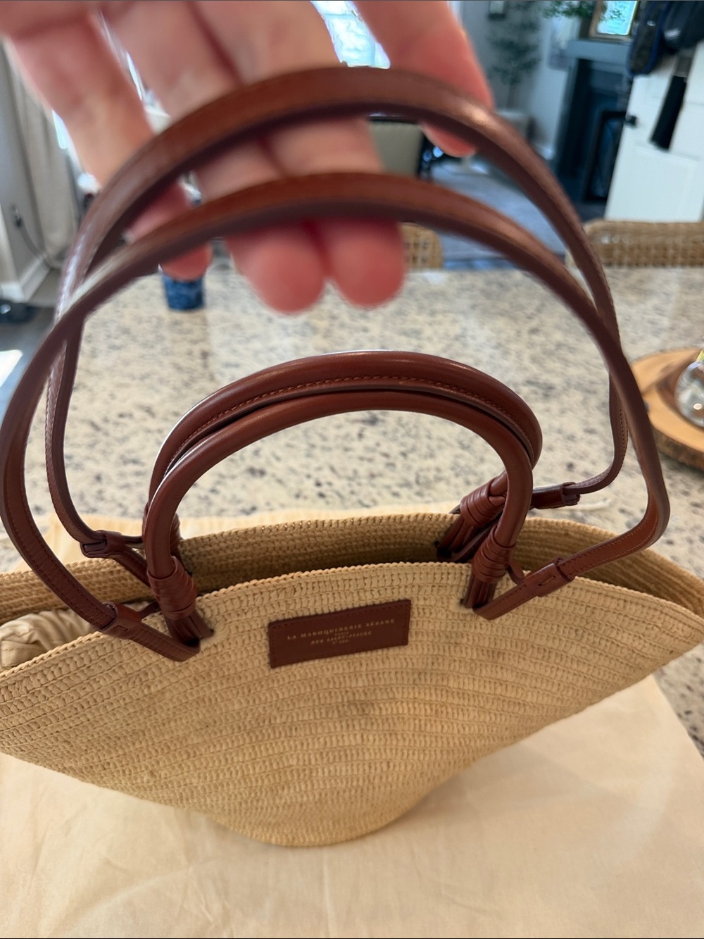 Sezane Justine Basket Bag - Straw Tote with Brown Leather Handles - Picture 4 of 12